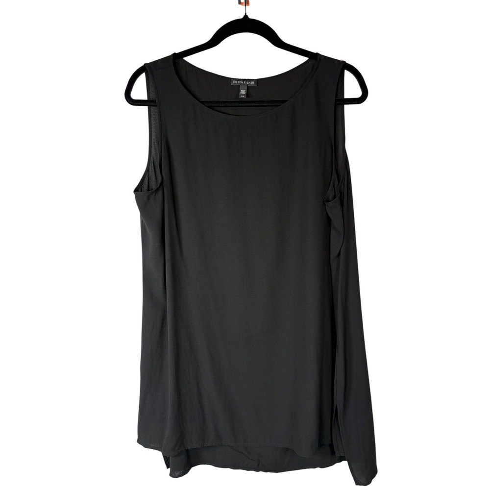 Eileen Fisher Black 100% Silk Georgette Crepe Bateau Neck Tank Top Shell Size L